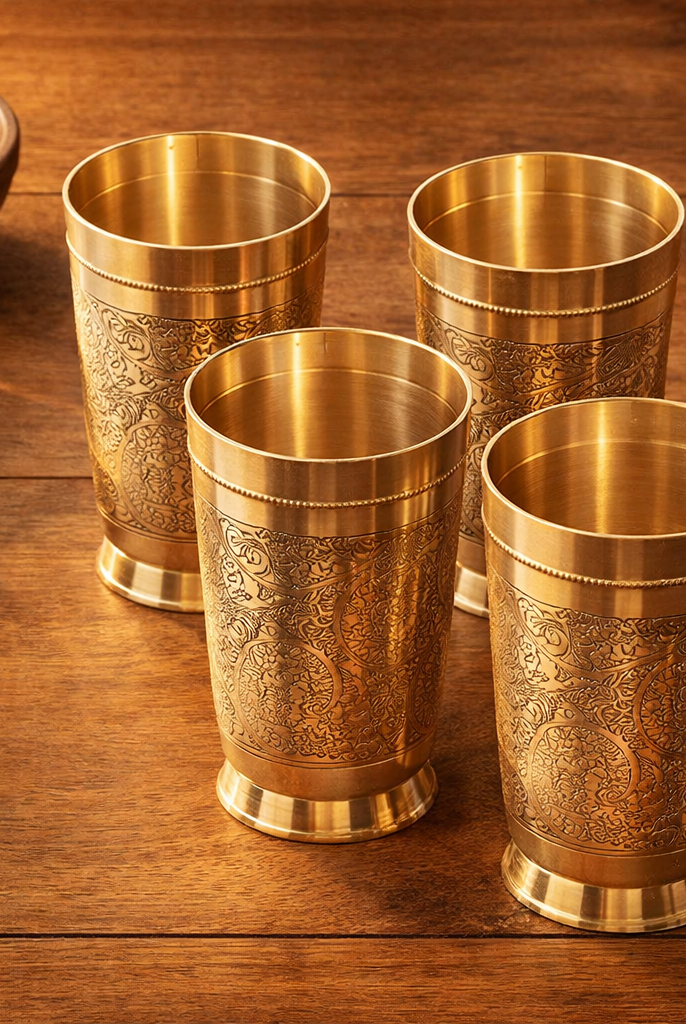 Embossed brass glasses arrangement stylish handcrafted design
