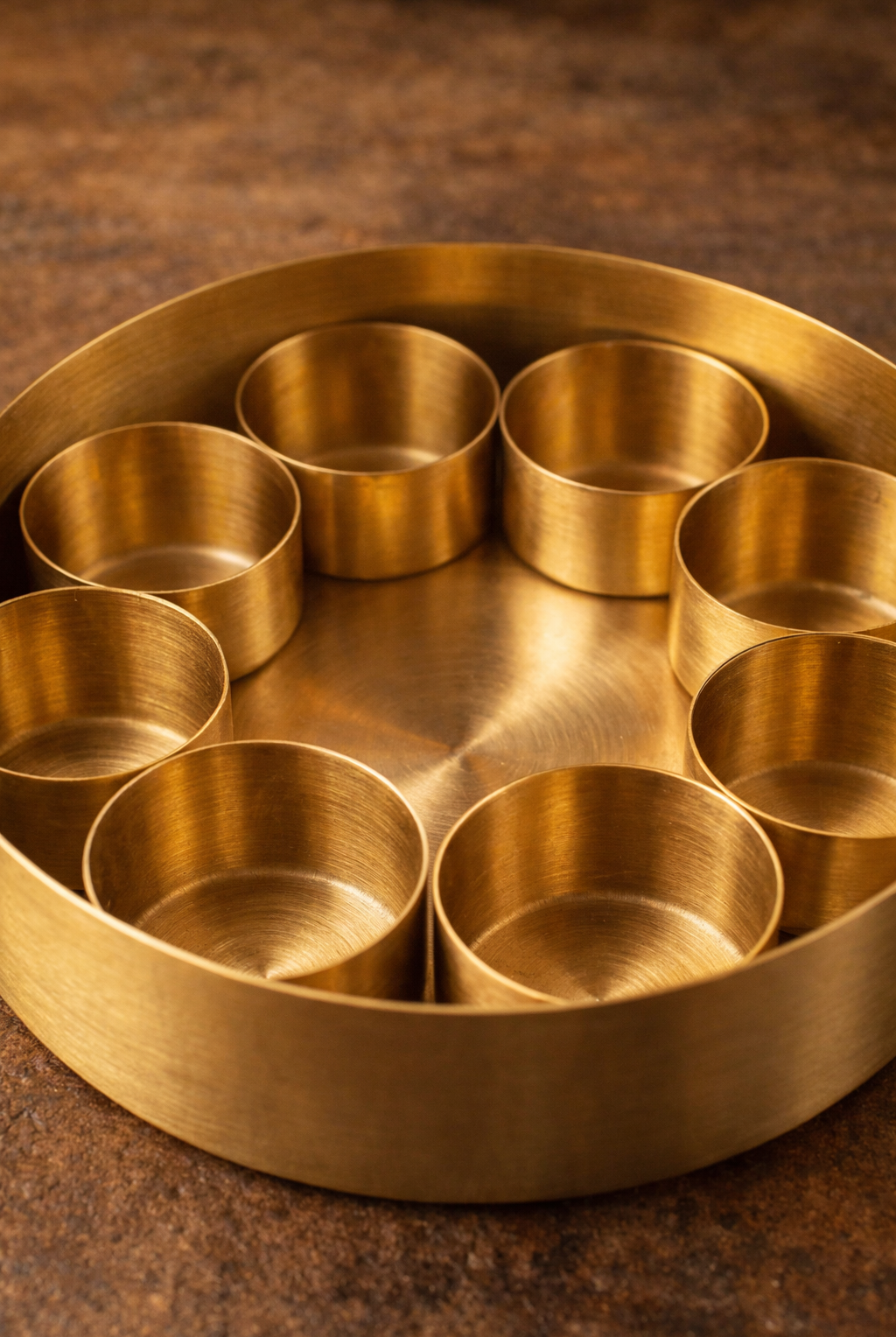 Brushed brass spice bowls inside masala box traditional set
