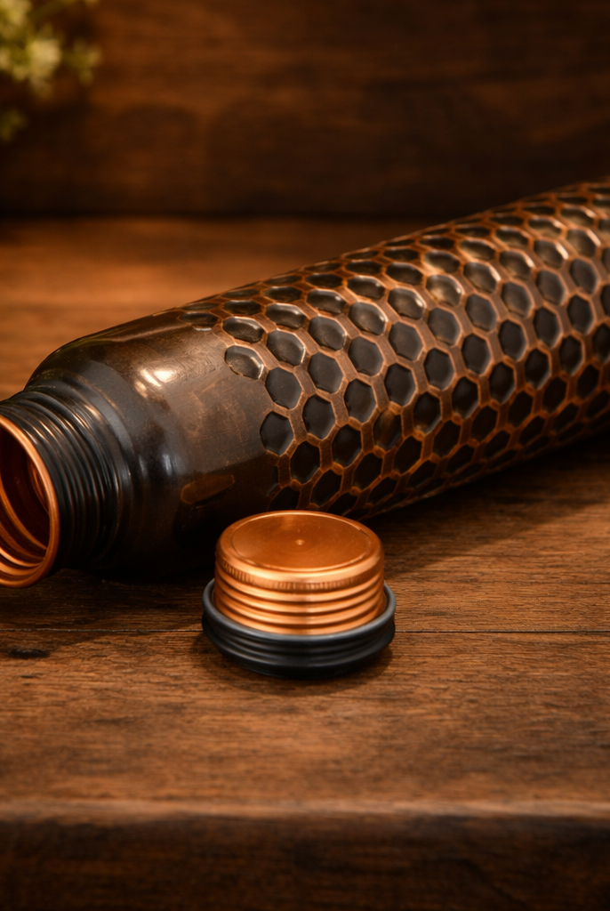 Close-up of the intricate embossed design on an antique pure copper bottle.