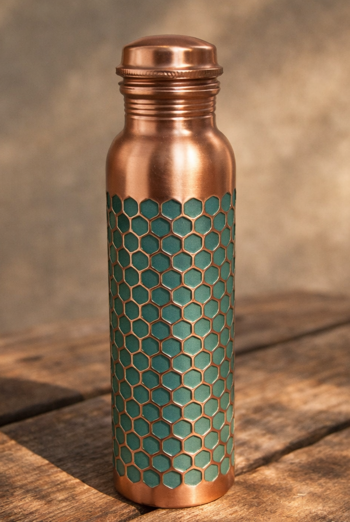 Close-up of the handcrafted embossed patterns on a green copper bottle