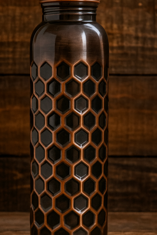 Elegant antique finish embossed copper bottle for healthy hydration.