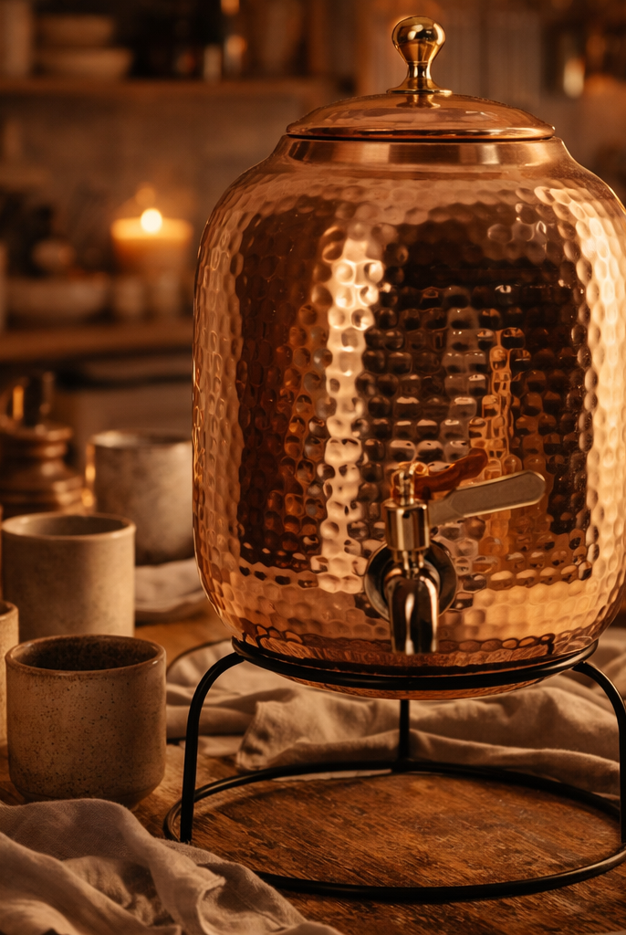 Pure copper water dispenser with a matching glass on a wooden table