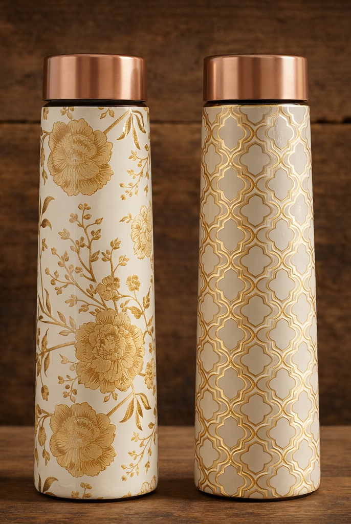 Copper gold floral print water bottle set of 2 800ml elegant design