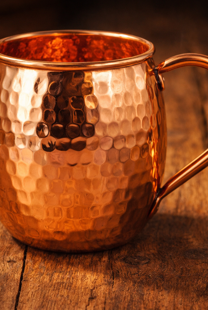 An elegant hammered copper mule mug with a sturdy copper handle.