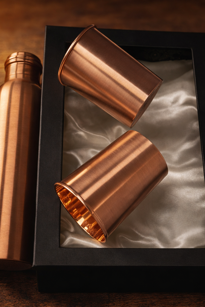 Modern copper water bottle and glasses set in a natural light setting