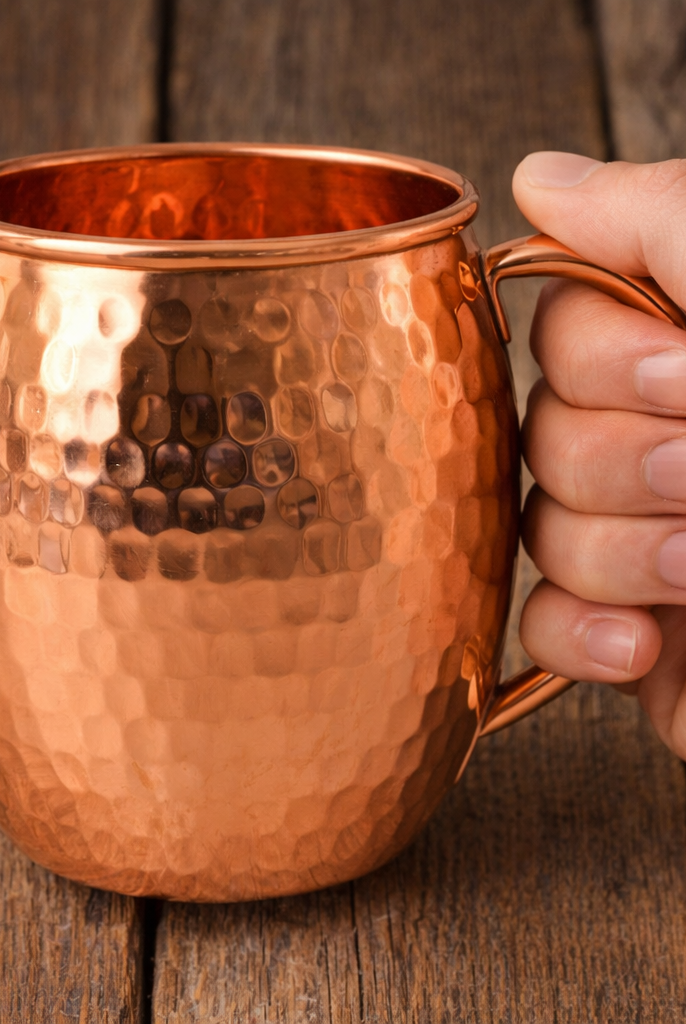 475 ml capacity hammered copper mug perfect for cold beverages.