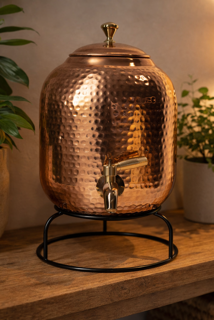 Shiny copper water dispenser placed on an outdoor garden table.