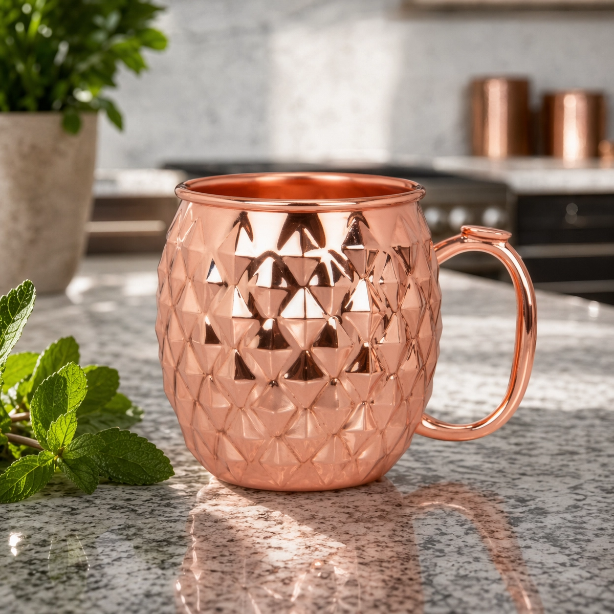 Copper Moscow mule mug with a curved handle on a kitchen benchtop