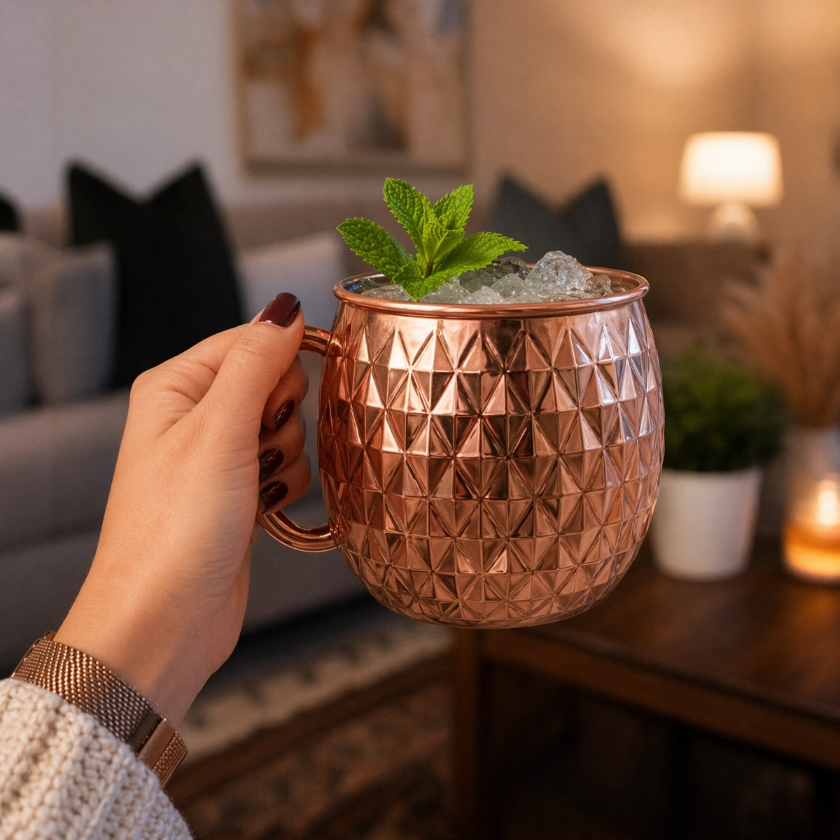 Solid copper mule mug with embossed pattern styled in a relaxed table setting