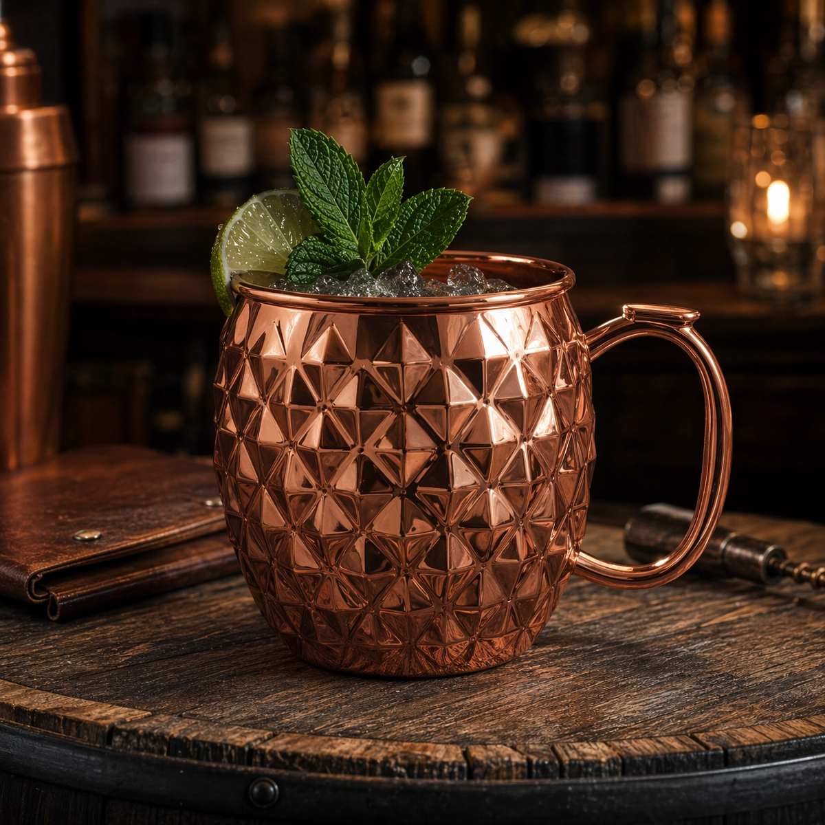 Embossed copper Moscow mule mug with handle on a rustic timber surface