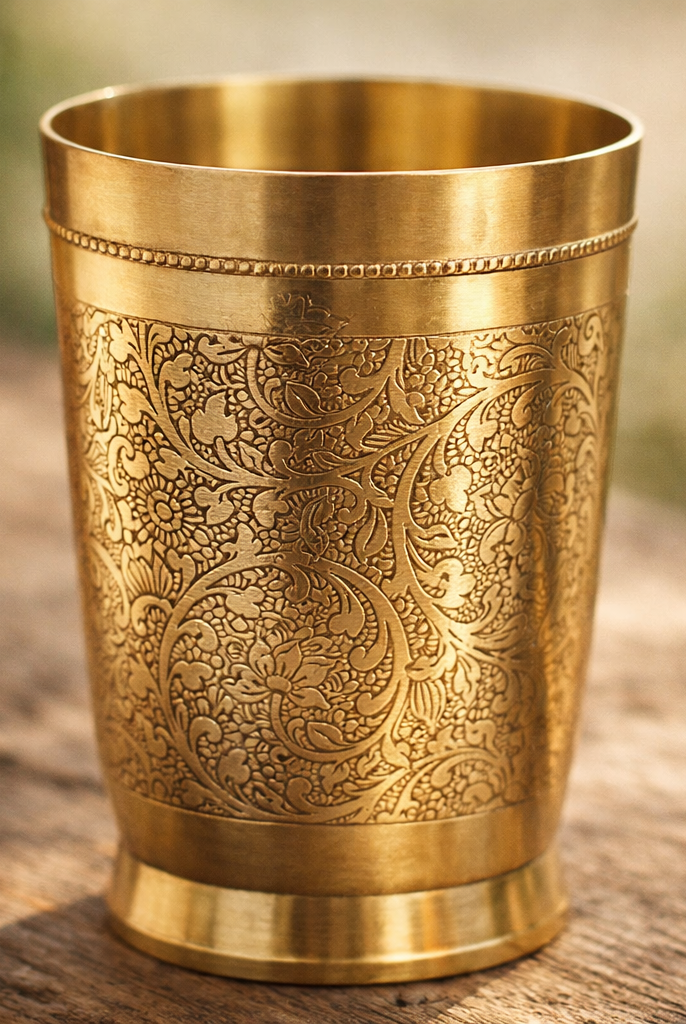 Designer brass embossed tumblers set with elegant finish on table