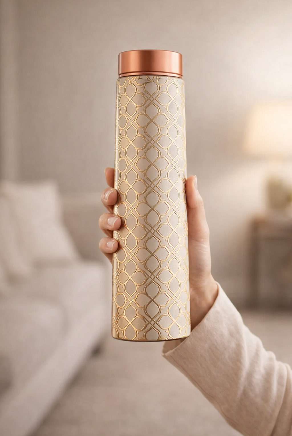 Designer copper water bottle set with elegant gold accents