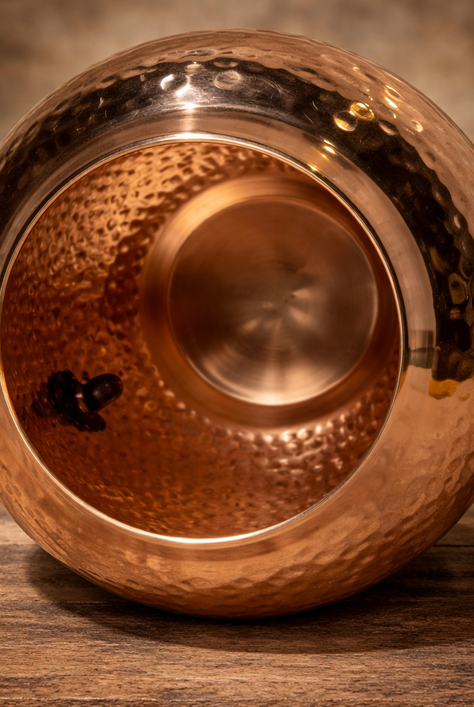 Elegant copper water dispenser with a metal tap against a soft background