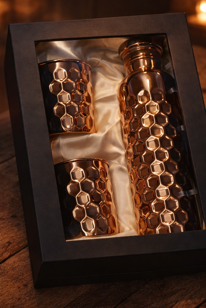 Elegant 950ml embossed copper bottle and 300ml glasses on a table.