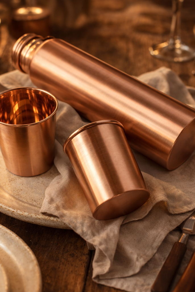 Elegant 950ml copper bottle and two glasses with a clean minimalist look.