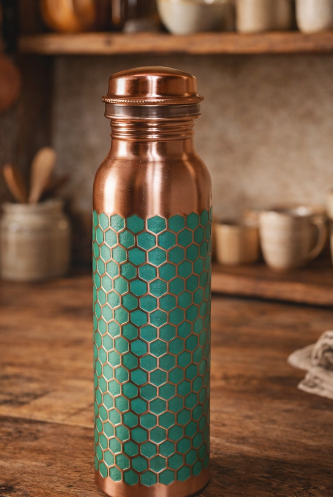 Pure copper water bottle with an intricate embossed design and green finish.