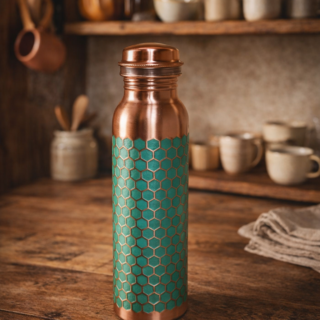 Pure copper water bottle with an intricate embossed design and green finish.