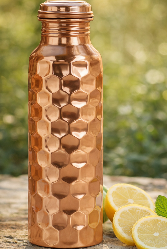 Pure copper water bottle with a shiny polish finish and floral embossing in a garden.