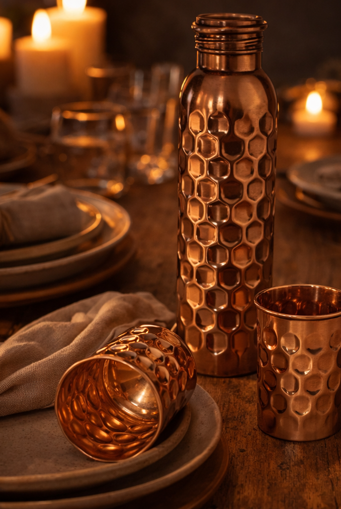 Pure copper embossed water bottle and two glasses with a shiny polish finish.