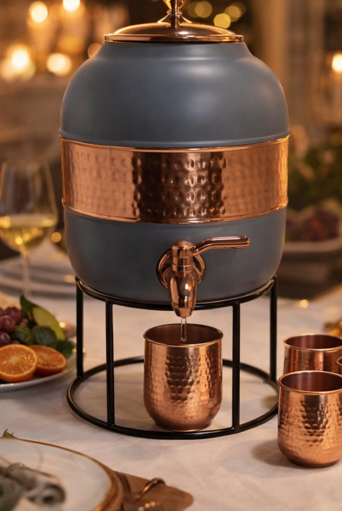 Matte grey copper water dispenser 5 litre with hammered copper band
