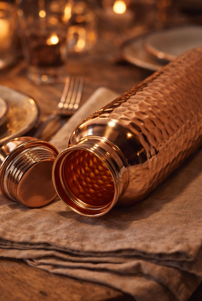 Shiny hammered copper water bottle placed on a table.
