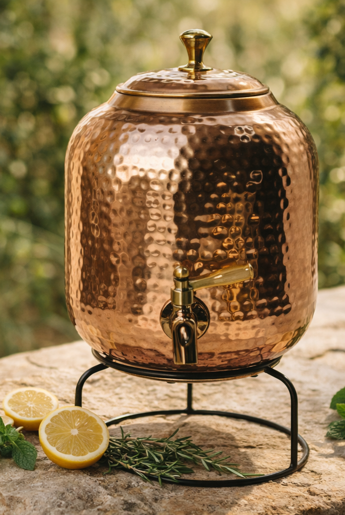 Hand-hammered copper water dispenser in a modern kitchen setting