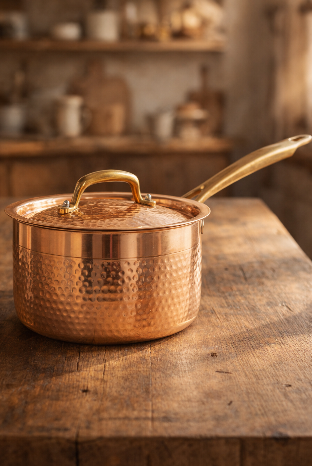 Handcrafted hammered copper saucepan with lid and long handl