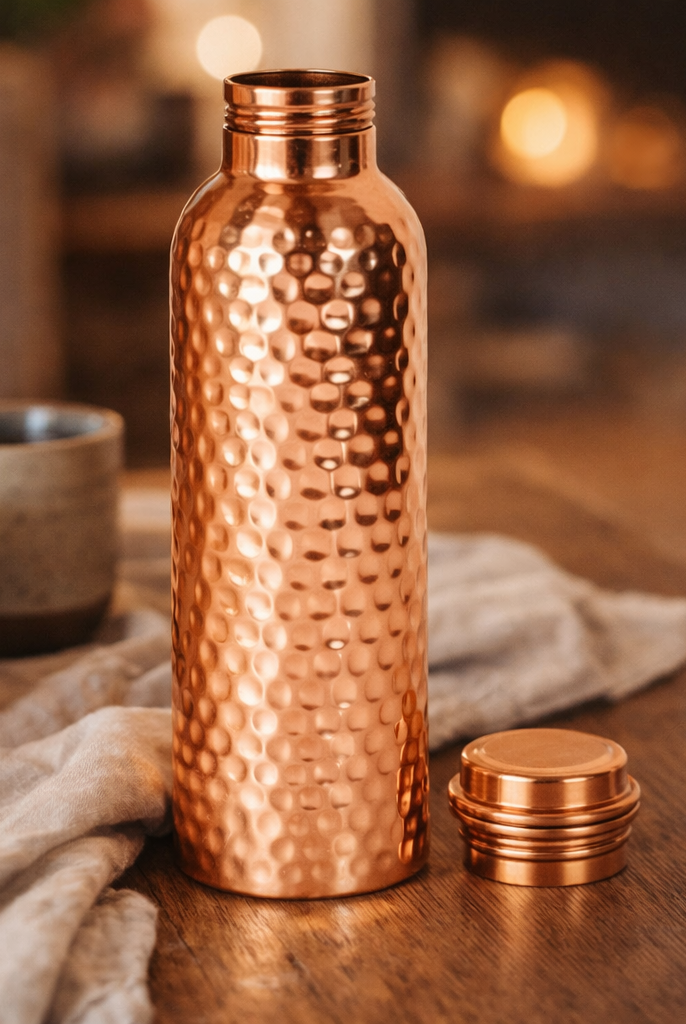 Pure copper hand-hammered water bottle with a shiny polish finish.