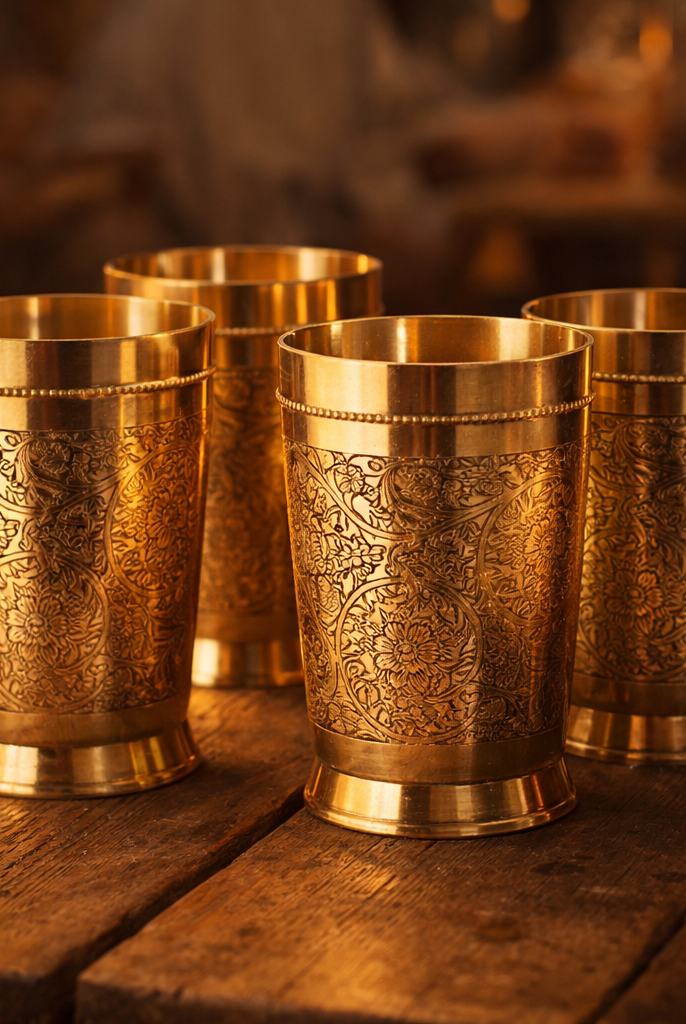 Handcrafted brass embossed tumblers set of 4 300ml premium finish