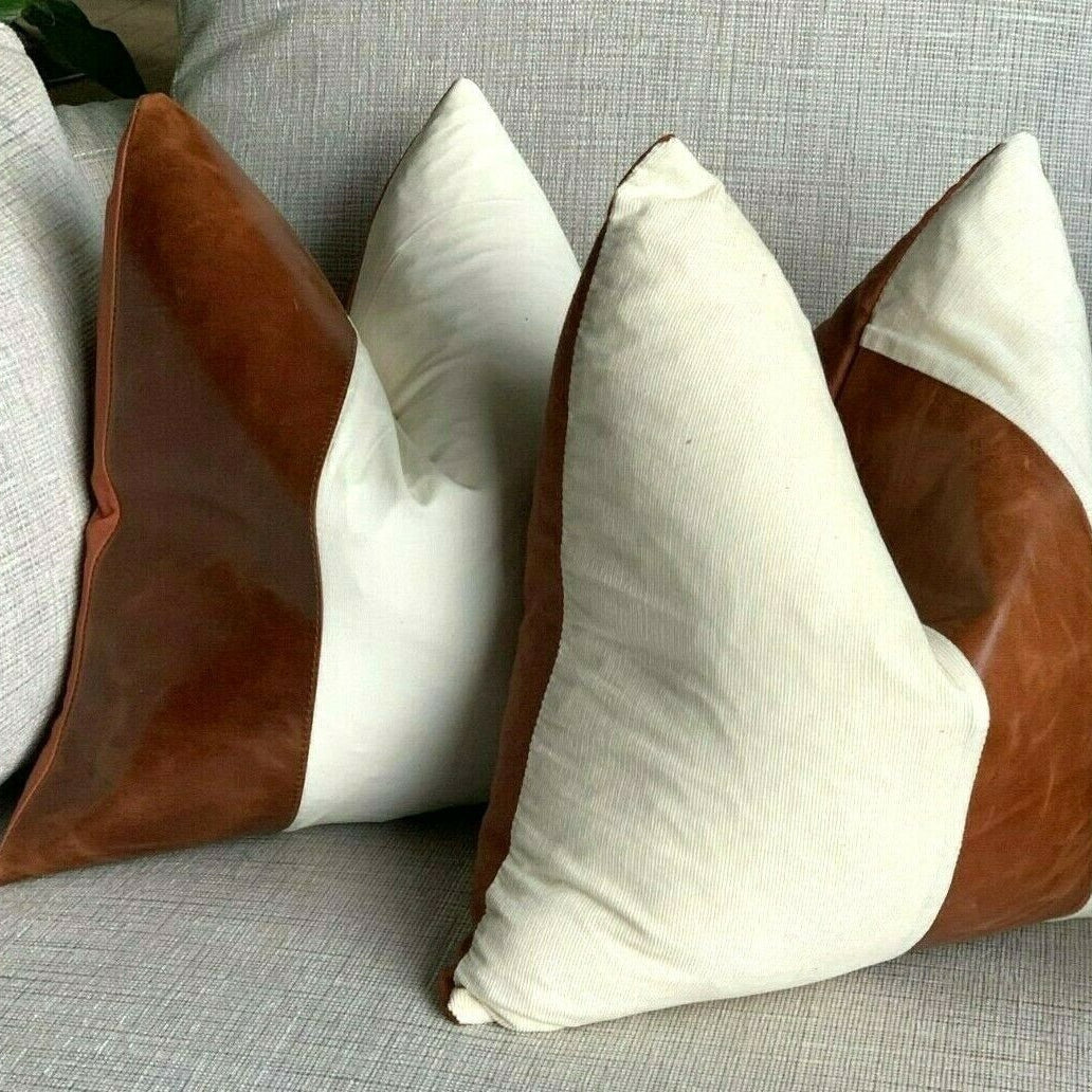 Tan Leather Cushion Bright White Finish