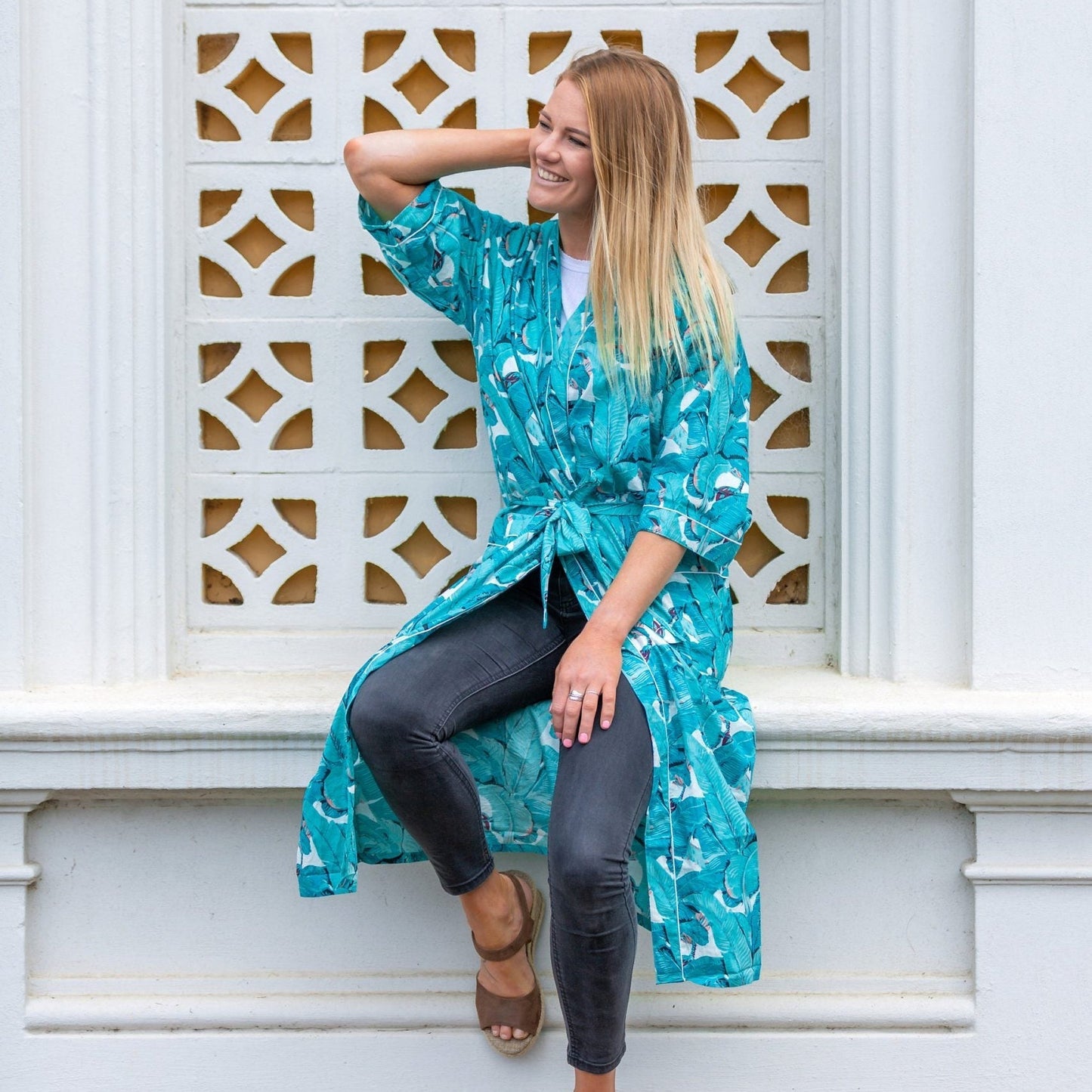 'Banana Blossoms' Women’s Cotton Kimono Robe