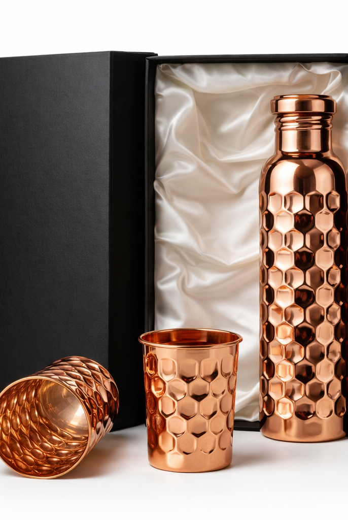 Modern embossed copper water set with a high-shine reflective finish