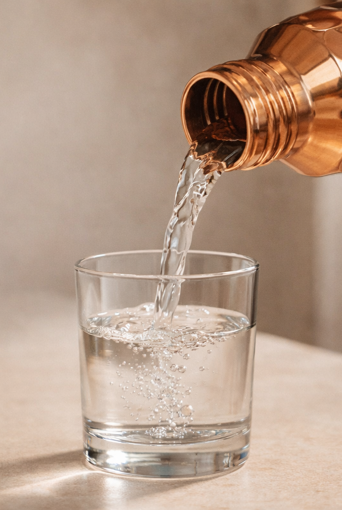 Luxury 950ml embossed copper bottle displayed on a modern table.