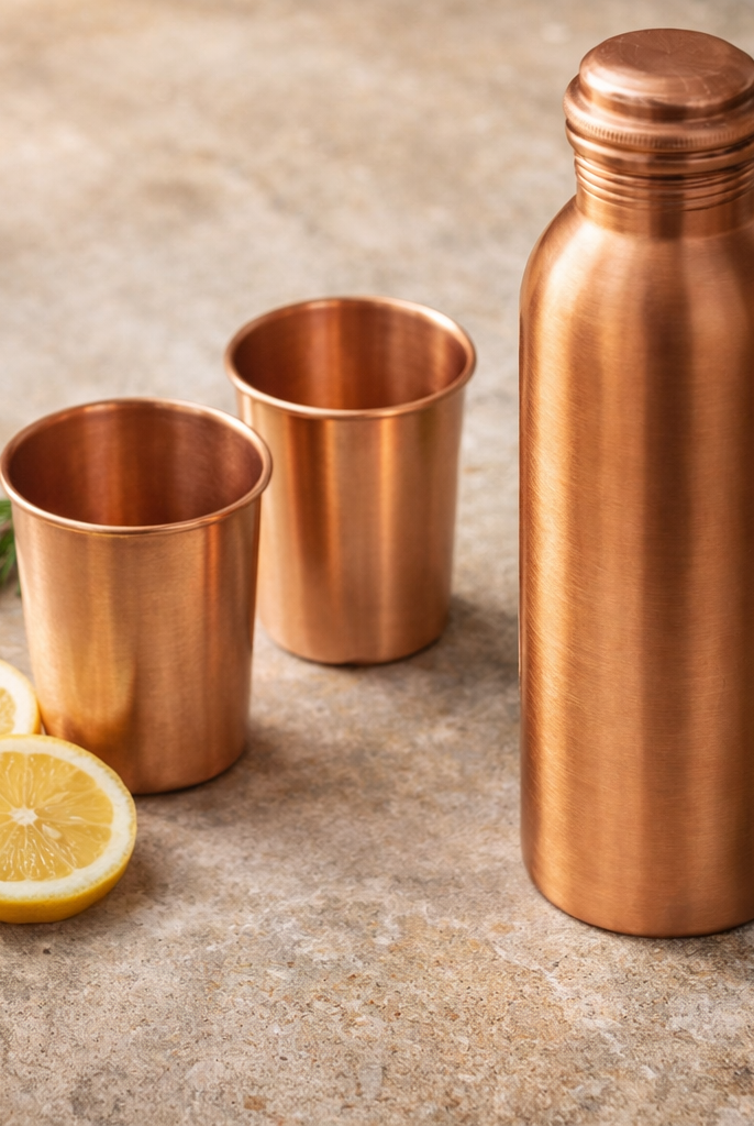 Pure copper drinkware set including one bottle and two glasses in matt polish.