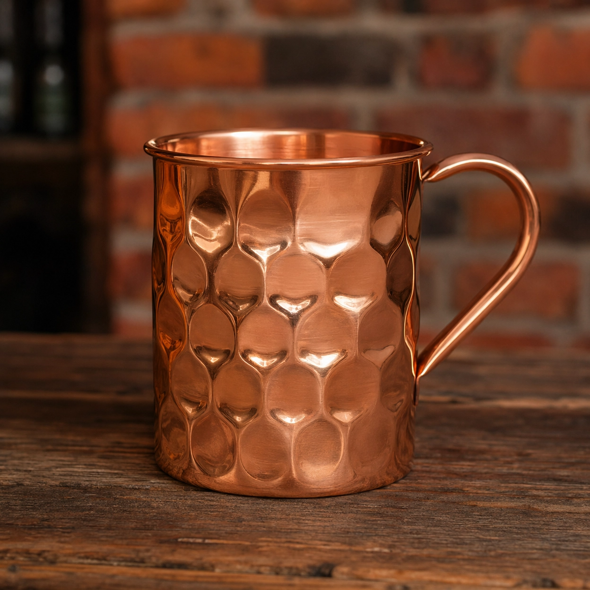 Pure copper mule mug showing its raised embossed pattern and rim