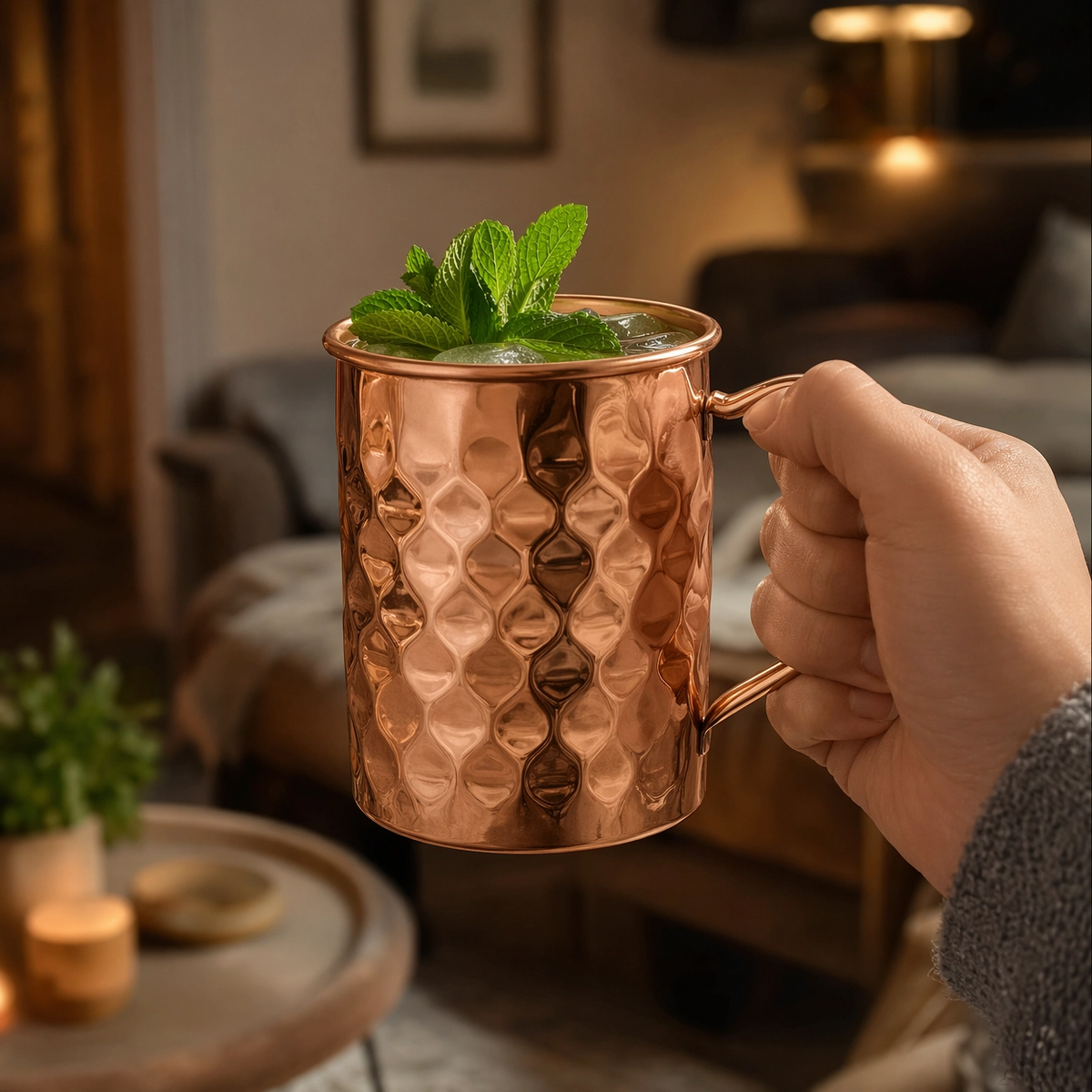 Embossed solid copper mule mug with a curved copper handle