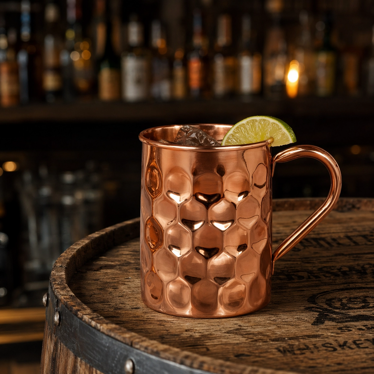 Embossed copper mug with handle viewed from above showing polished interior