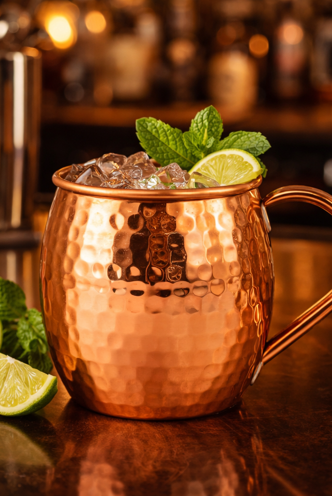 A shiny pure copper hammered mule mug with a stylish copper handle.
