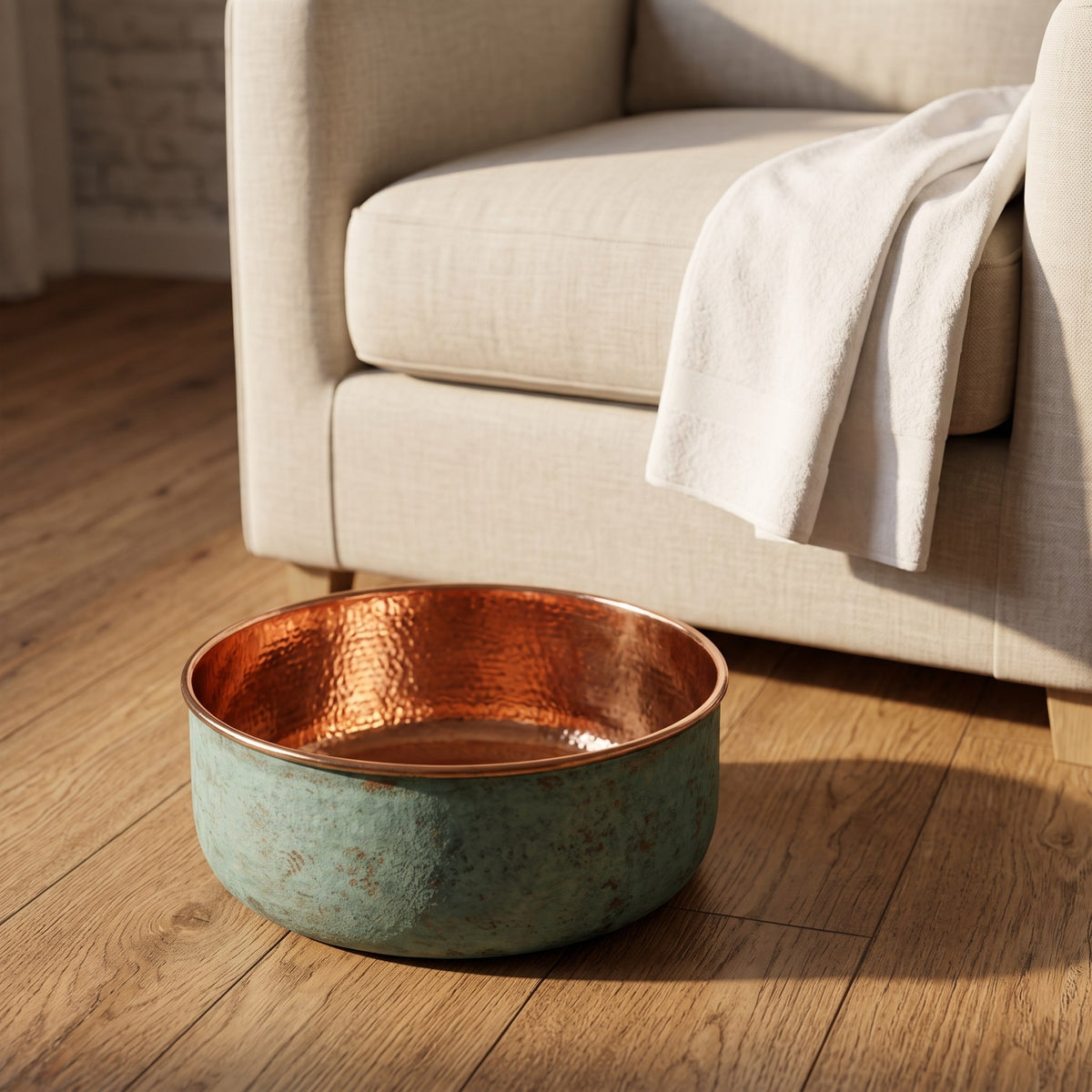 Copper pedicure bowl on an oak floor beside a linen armchair and folded towel