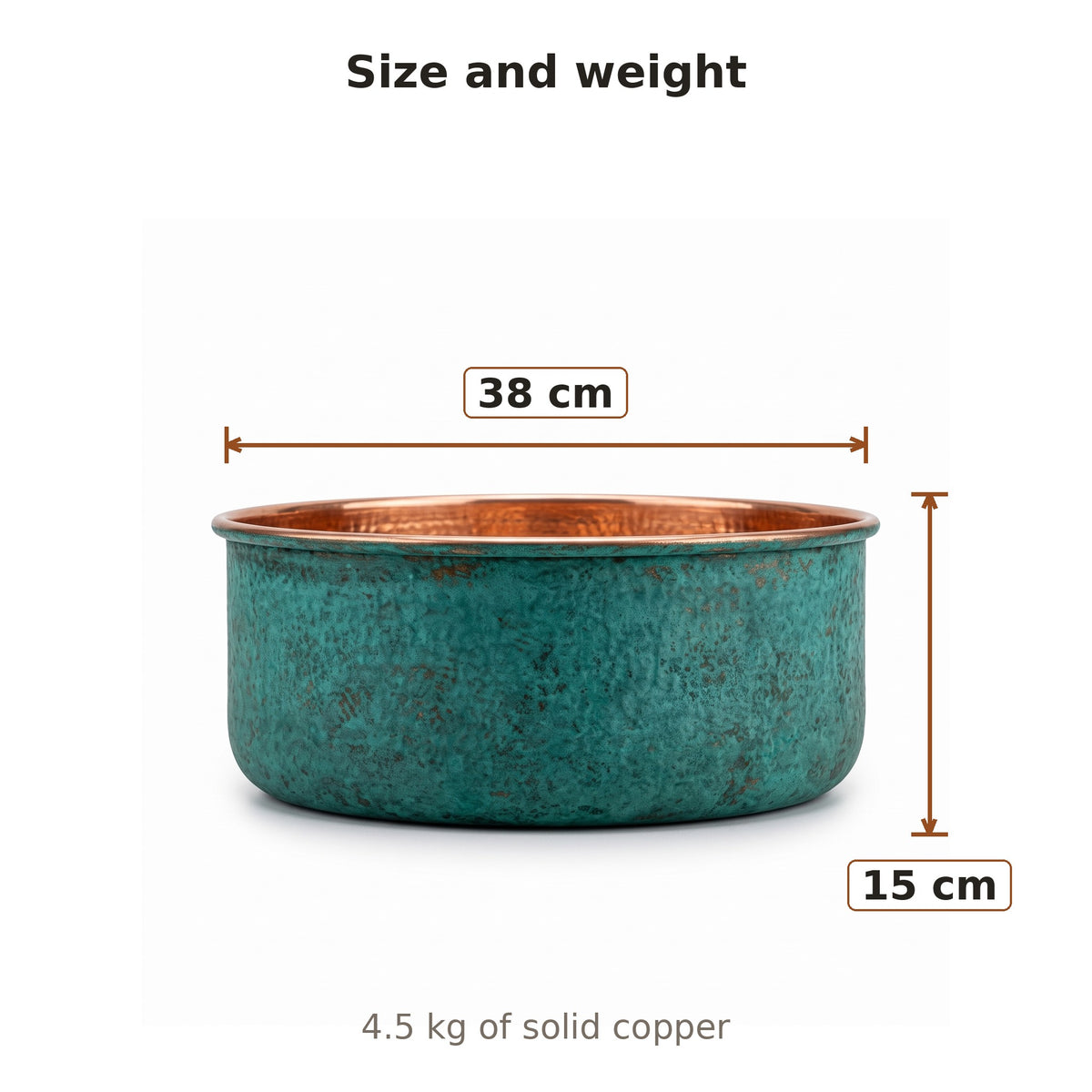 Measurement diagram showing the bowl is 38cm across the top and 15cm deep