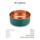 Size and weight summary, 38cm across, 15cm deep, 4.5kg of solid copper