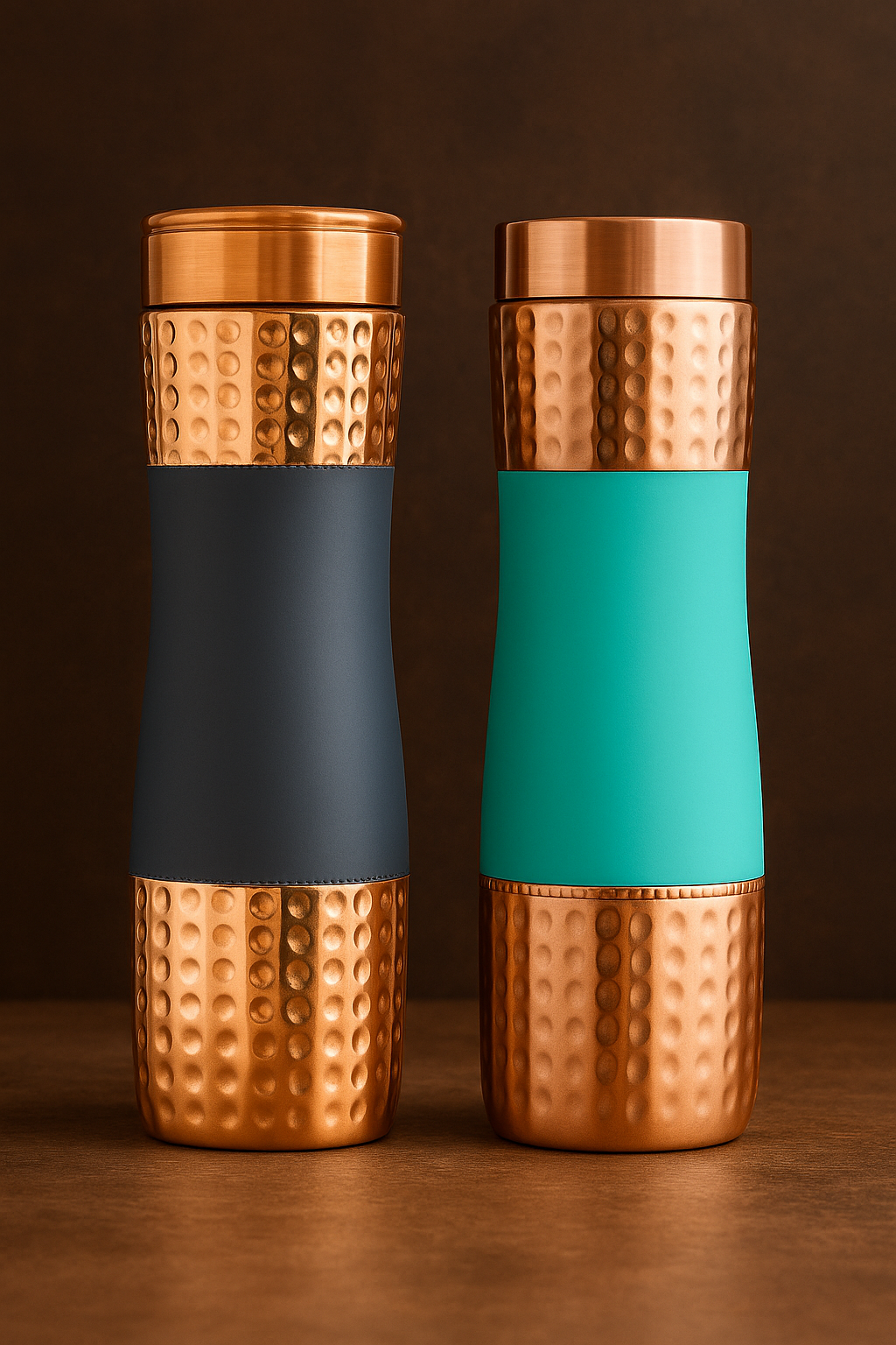 Grey and green silk finish hammered copper water bottles 1000ml set displayed side by side