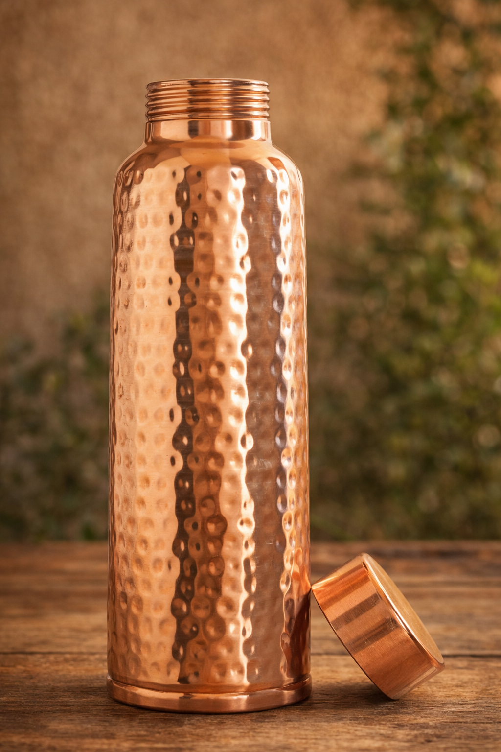 Hammered 600ml pure copper water bottle lying horizontally with cap beside it