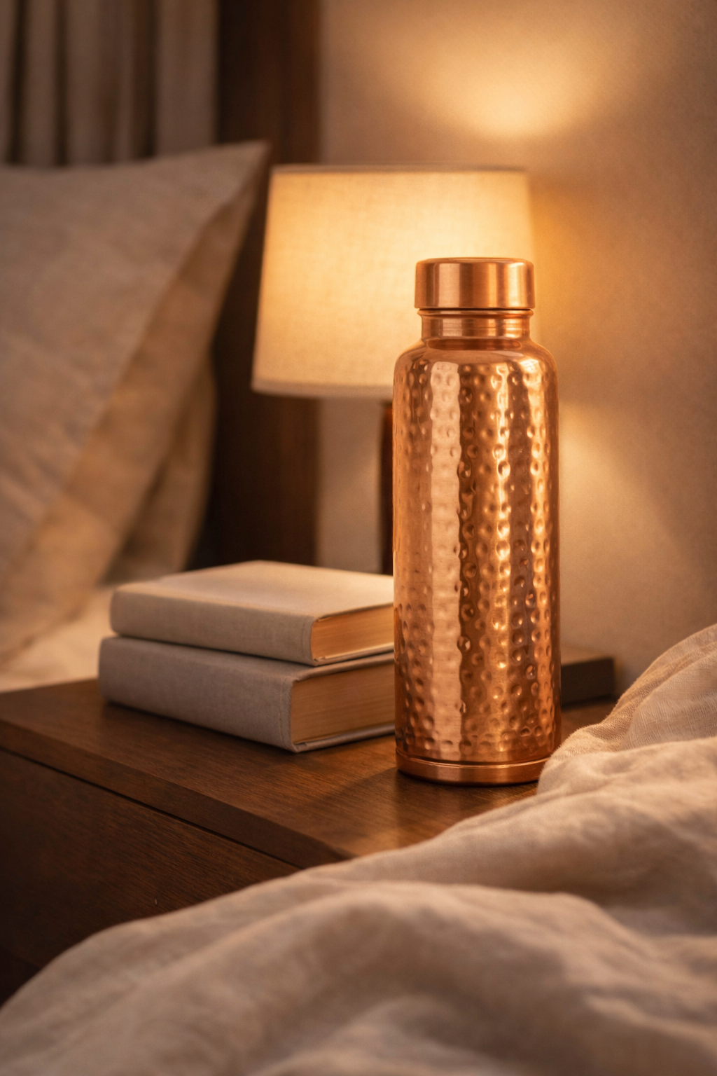 Copper water bottle on a bedside table with a lamp and books in the background