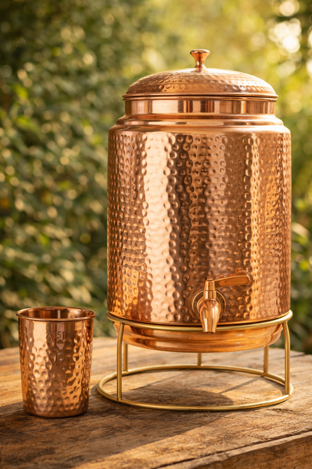 Copper pot with matching hammered glass