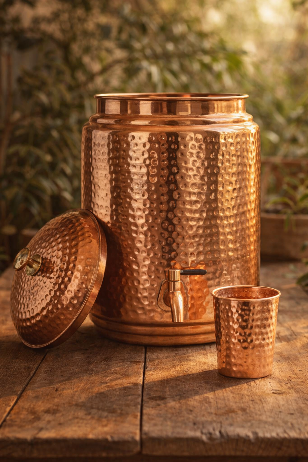 Copper dispenser with tap and lid