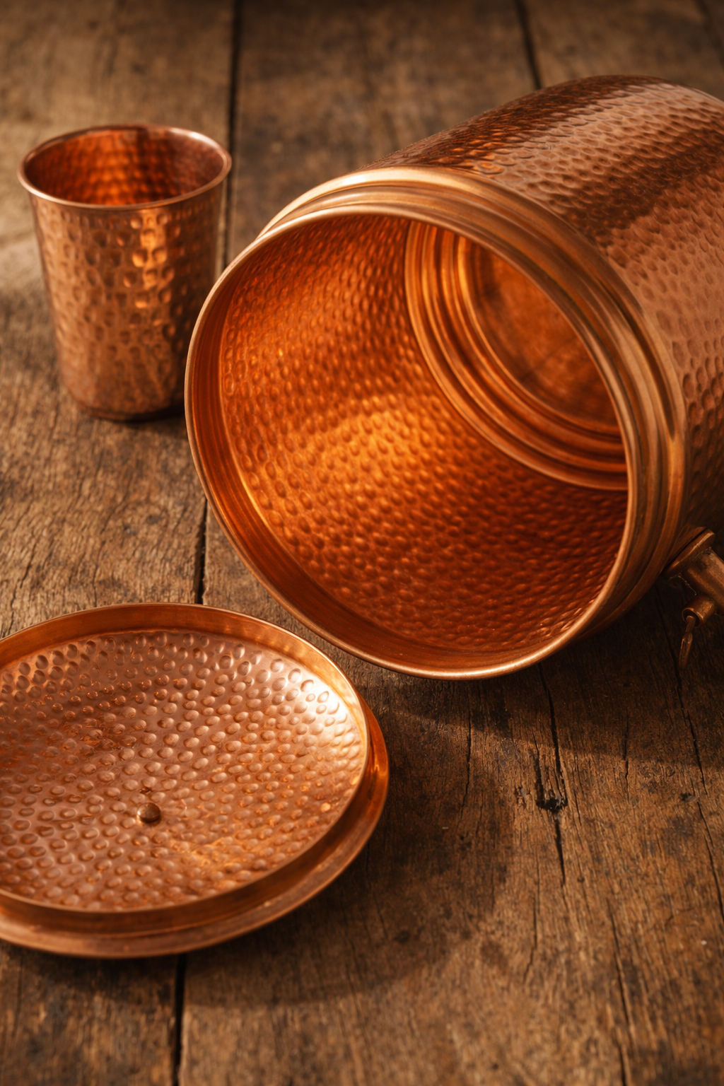 Open lid view of hammered copper interior