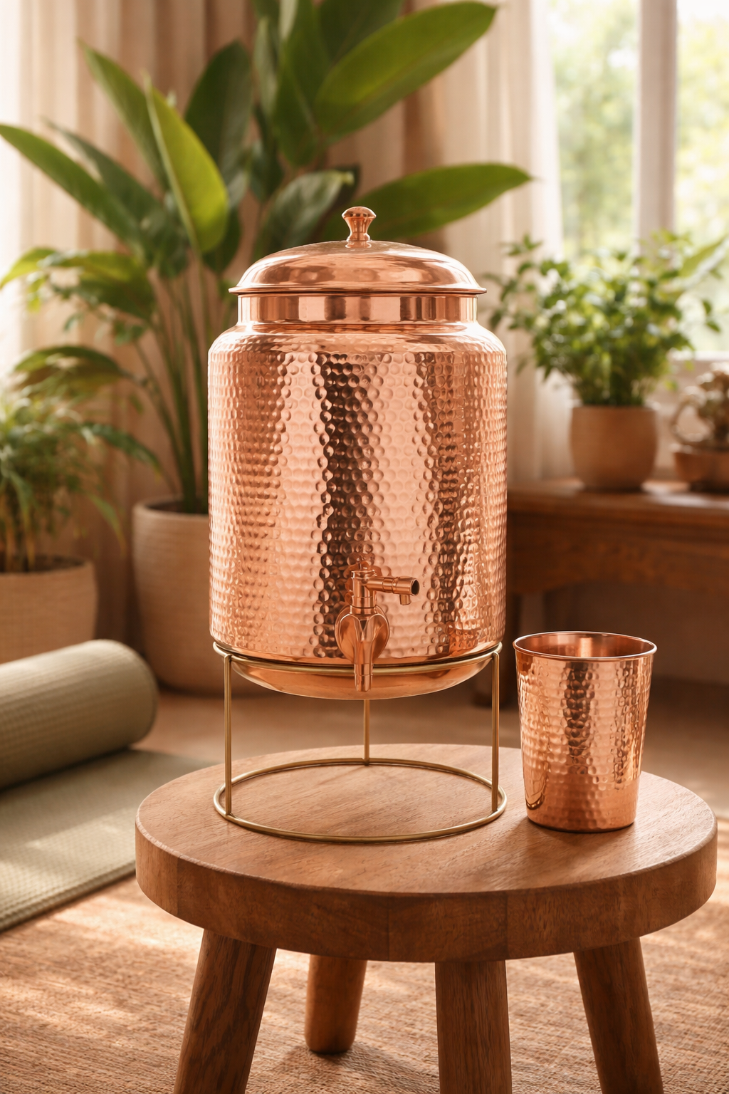 5L hammered copper water pot with brass stand