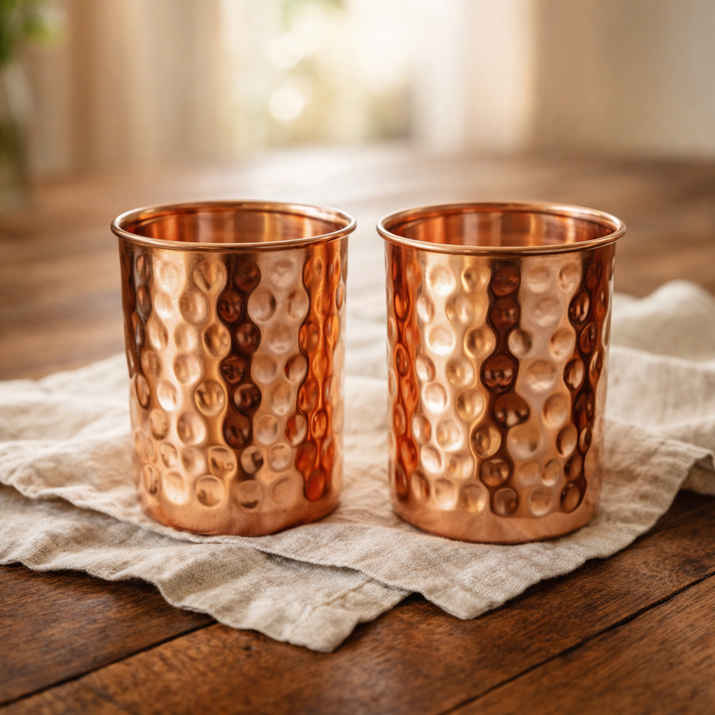 Two of the four hand hammered copper glasses from the set, 300ml each