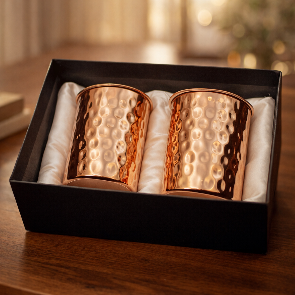 Single 300ml hammered copper glass from the jug and glasses set